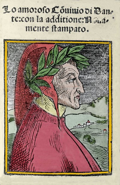 صورة للشاعر الإيطالي دانتي أليغيري (1265-1321). نقش. Frontispice of "" Il convivio "" من عام 1554 بواسطة المدرسة الايطالية