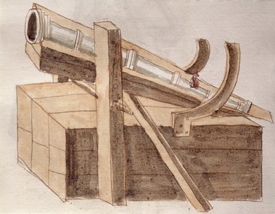 مشروع مدفع ، رسم توضيحي من "De re Militari" لروبرتو فالتوريو (1405-75) 1470 (قلم وحبر وألوان مائية على ورق) بواسطة المدرسة الايطالية