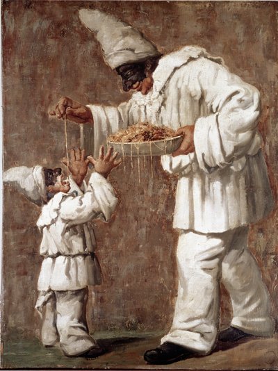 Pulcinella (polichinelle) شخصية Commedia dell'arte تعطي المعكرونة (السباغيتي) لوحة بوليشينيل صغيرة مجهولة. المتحف الوطني للمعكرونة في القرن التاسع عشر ، مؤسسة أغنيسي ، روما بواسطة المدرسة الايطالية