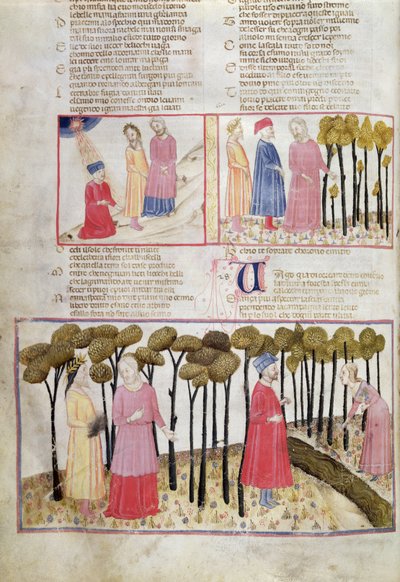 Purg.XXVIII f.47v فيرجيل يأخذ إجازته والغابة الإلهية ، من الكوميديا الإلهية لدانتي أليغييري (1265-1321) بواسطة المدرسة الايطالية
