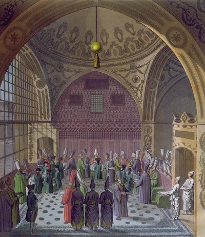 استقبال السفراء الغربيين من قبل الوزير الأعظم للسلطان في القسطنطينية ، 1820 (نقش ملون) بواسطة المدرسة الايطالية
