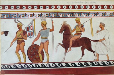 إعادة بناء لوحة المقابر من Paestum تصور جنود المشاة والفرسان اليونانيين (انظر أيضًا 186246 و 119488 و 444298) بواسطة المدرسة الايطالية
