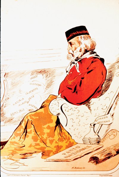Representation by members of the parliamentary right of the Heros of Risorgimento and Italian patriot Giuseppe Garibaldi (1807-1882) in 1874. Drawing. Rome, Museo del Risorgimento بواسطة المدرسة الايطالية