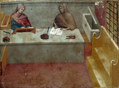 تمثيل مصور ، مساعد ناسخ رسم مجهول على خشب Biccherna (غلاف السجل المحاسبي لمدينة سيينا) 1388. Siena Archivio di Stato ، إيطاليا بواسطة المدرسة الايطالية