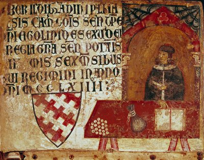 تمثيل مصور جالس في مكتبه رسم مجهول على خشب من Biccherna (غلاف السجل المحاسبي لمدينة سيينا) 1250. Siena Archivio di Stato ، إيطاليا بواسطة المدرسة الايطالية