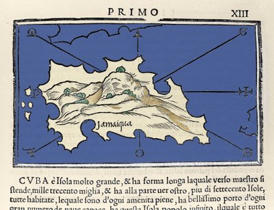 تمثيل جزيرة جامايكا. Isolario (خريطة الجزر) بواسطة Benedetto Bordone. البندقية 1547 بواسطة المدرسة الايطالية