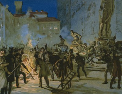 ثورة في فلورنسا ، 27 أبريل 1859 ، توضيح من ألبوم عن تاريخ Risorgimento المصنوع للشوكولاتة Talmone ، أواخر القرن التاسع عشر بواسطة المدرسة الايطالية