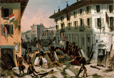 ثورات عام 1848 ، خمسة أيام من ميلانو: متاريس على كورسو دي بورتا فيرسيلينا في 22 مارس (لوحة بواسطة المدرسة الايطالية