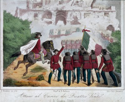 Risorgimento, Roman Republic (Repubblica romana): the soldiers of the army of Giuseppe Garibaldi, on horseback, try to reconquer the villa of the Quattro Venti in Rome on 03/06/1849. Lithography Rome Museo Nazionale del Risorgimento بواسطة المدرسة الايطالية
