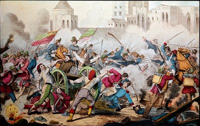 Risorgimento: معارك باليرمو في 26 مايو 1860. رحلة الألف (القمصان الحمراء). جوزيبي غاريبالدي (1807-1882) بين باليرمو والشعب الثائر انضم إليه لقتال جنود مملكة بوربون في نابولي. نقش القرن التاسع عشر الميلادي بواسطة المدرسة الايطالية