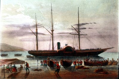 Risorgimento: غادر جوزيبي ميسوري ، ضابط جيش جوزيبي غاريبالدي (1807-1882) في 8/8/1860 ، في ديترويت ميسينا باتجاه حصن فيلا سان جيوفاني. رسم توضيحي للقرن التاسع عشر بواسطة المدرسة الايطالية