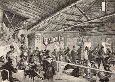 Russian soldiers in tavern near Warsaw fortifications, Poland, engraving from sketch by Fritzmann, from L