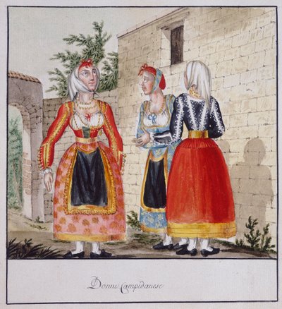 نساء سردينيا يرتدين أزياء من كامبيدانو ، يطبع MS.258 ، مجموعة Luzzetti بواسطة المدرسة الايطالية