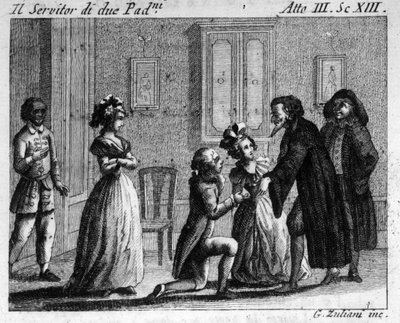 المشهد 13 من الفصل الثالث من العمل الهزلي "" Arlecchino servitore di due padroni "(خادم مهرج لسادين) (1745) لكارلو جولدوني (1707-1793). نقش القرن الثامن عشر بواسطة المدرسة الايطالية