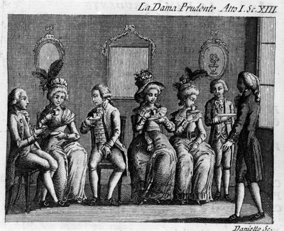المشهد الثالث عشر من الفصل الأول من العمل الهزلي "La dama prudente" (الزوجة الحكيمة) (1751) لكارلو جولدوني (1707-1793). نقش القرن الثامن عشر بواسطة المدرسة الايطالية