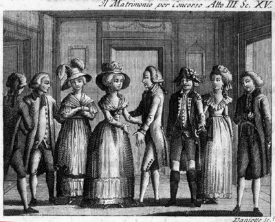 المشهد الخامس عشر من الفصل الثالث للقصة الهزلية "" Il matrimonio per concorso "لكارلو جولدوني (1707-1793). نقش القرن الثامن عشر. بواسطة المدرسة الايطالية