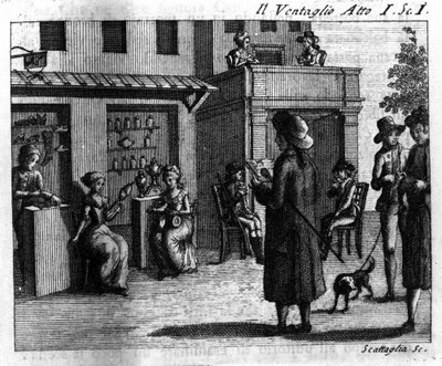 المشهد الأول من الفصل الأول من العمل الهزلي "Il ventaglio" "(الحدث) (1764) لكارلو جولدوني (1707-1793). نقش القرن الثامن عشر بواسطة المدرسة الايطالية