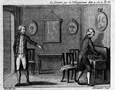 المشهد الأول من الفصل الأول من العمل الهزلي "Le smania per la villeggiatura" "(لا فيل) (1761) لكارلو جولدوني (1707-1793). نقش القرن الثامن عشر. بواسطة المدرسة الايطالية