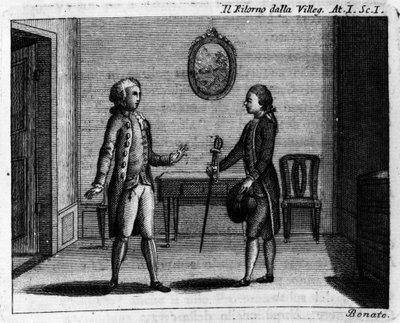 المشهد الأول من الفصل الأول من العمل الهزلي "" Ritorno della villeggiatura "" (عودة المدينة) (1761) لكارلو جولدوني (1707-1793). نقش القرن الثامن عشر بواسطة المدرسة الايطالية