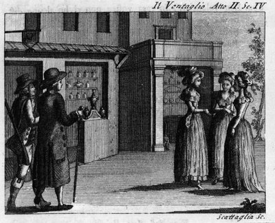 المشهد الرابع من الفصل الثاني من العمل الهزلي "Il ventaglio" (الحدث) (1764) لكارلو جولدوني (1707-1793). نقش القرن الثامن عشر بواسطة المدرسة الايطالية
