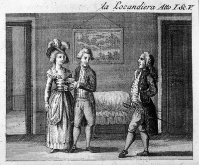 المشهد الخامس من الفصل الأول من القطعة "La locandiera" (1753) لكارلو جولدوني (1707-1793). نقش القرن الثامن عشر بواسطة المدرسة الايطالية