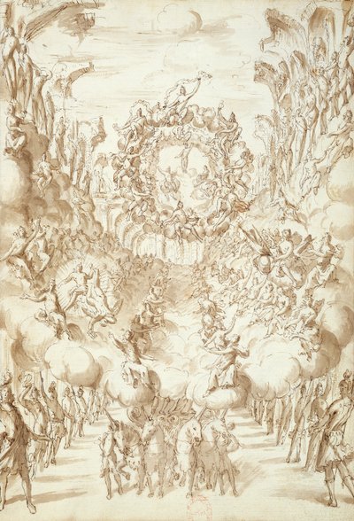 مجموعة تصميم للأوبرا في مسرح سان سالفاتوري في البندقية ، 1675 (قلم جاف وحبر على ورق) بواسطة المدرسة الايطالية