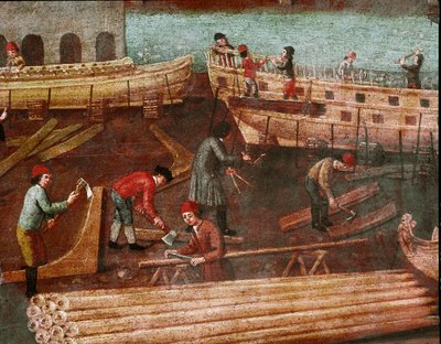 Shipyard in the arsenal of Venice Detail - Painting of the Venetian School - 18th century - Venice, Correr museum بواسطة المدرسة الايطالية