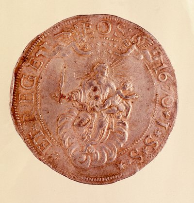 عملة فضية من جمهورية جنوة (الجينات) مع تمثيل العذراء مريم مع يسوع الطفل. 1670. ديم. 5.8 سم نابولي ، المتحف الأثري بواسطة المدرسة الايطالية