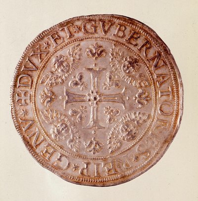 عملة فضية من جمهورية جنوة (الجينات) مع الصليب. 1670. ديم. 5.8 سم نابولي ، المتحف الأثري بواسطة المدرسة الايطالية