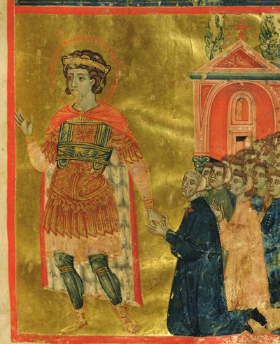 بعض الإخوة يصلون إلى القديس ثيودور من ماريجولا 1350 (حبر وورق ذهبي على الرق) بواسطة المدرسة الايطالية