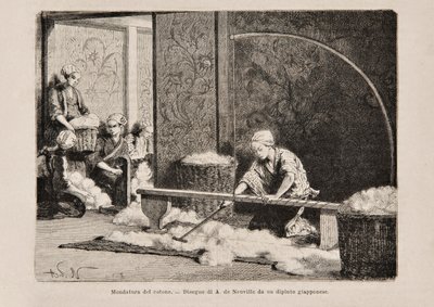 غزل القطن ، اليابان ، من النسخة الإيطالية من Tour du Monde ، 1869 بواسطة المدرسة الايطالية