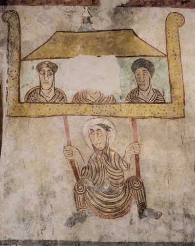 القديس بروكليوس يتأرجح على حبل ، تفاصيل من اللوحات الجدارية (القرن الثامن) ، كنيسة القديس بروكليوس ، ناتورنو ، فال فينوستا ، ترينتينو ألتو أديجل ، إيطاليا بواسطة المدرسة الايطالية