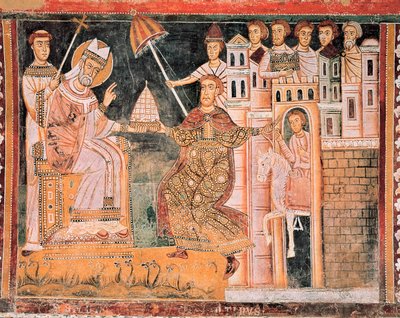 القديس سيلفستر يتسلم التاج والتفاصيل بواسطة المدرسة الايطالية