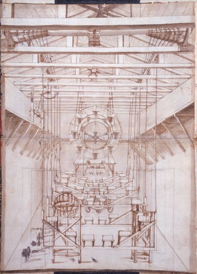 آلات مسرحية للأوبرا في مسرح سان سالفاتور في البندقية ، 1675 (قلم جاف وحبر على ورق) بواسطة المدرسة الايطالية