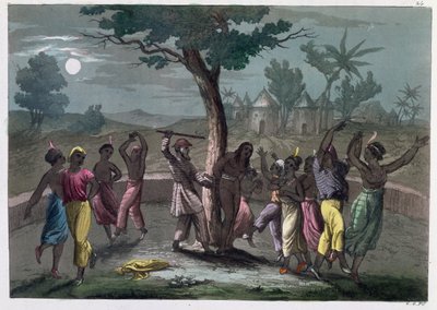 رقصة مومبو - جومبو ، وفقًا لأسفار Mungo Park ، من A History of Costume by J. Ferrario ، نُشرت في ميلانو عام 1820 بواسطة المدرسة الايطالية