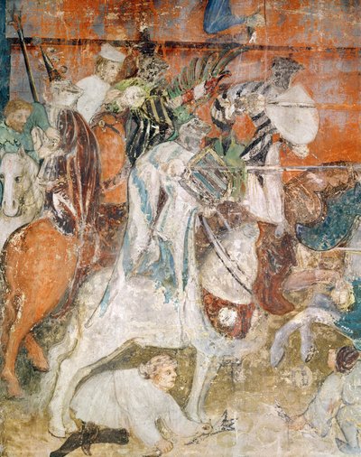 شهر فبراير ، تفاصيل أحد الفرسان في البطولة ، حوالي 1400 (فريسكو) بواسطة المدرسة الايطالية