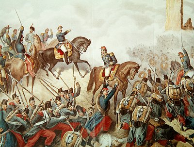 البييمونتيون والفرنسيون في معركة سان مارتينو عام 1859 (نقش الألوان) بواسطة المدرسة الايطالية