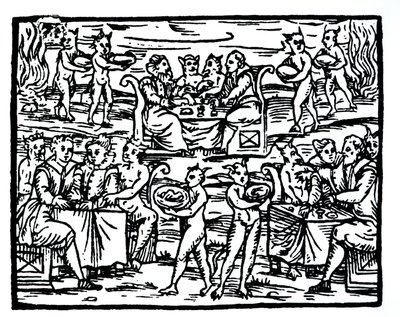 The Witches Sabbath ، نسخة من رسم توضيحي من Compendium Maleticarum بواسطة Fr M Guaccius ، ميلانو 1608 ، تم استخدامه في تاريخ السحر ، نُشر في أواخر القرن التاسع عشر بواسطة المدرسة الايطالية