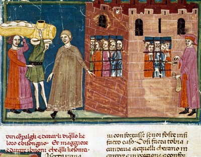 The distribution of meals to prisoners Miniature of the Florentine school taken from an extension edition of the “Pater noster” by Ser Zucchero Bencivenni (MS.II.VI 16) beginning of the 14th century Florence, national library بواسطة المدرسة الايطالية