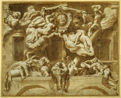 The facade of Casa Orsi, after Lelio Orsi (pen & brown ink with brown wash and heightening) بواسطة المدرسة الايطالية