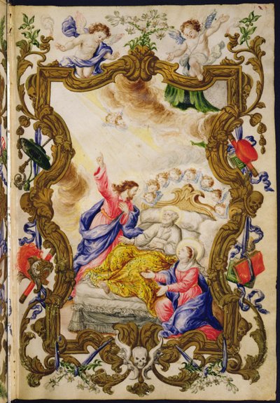 الموت الجيد للمسيحي ، من Mariegola من نقابة العلمانيين من Buona Morte ، c.1712-14 (حبر على الرق) بواسطة المدرسة الايطالية