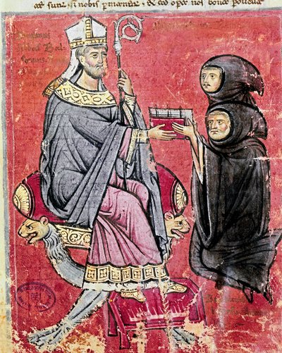 The monk Benedetto da Bari (representing young and old to indicate that writing his work has employed his whole life) handed over to the abbe Balsamo (13th century), leader of the Benedictine abbey of Cava de Tirreni, his codex De Septem Sigillis on the Re بواسطة المدرسة الايطالية
