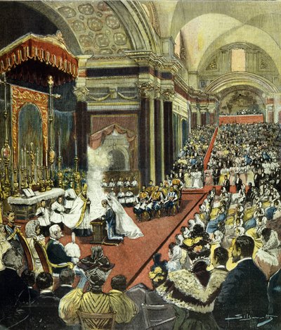 الزواج الديني للشخص الذي سيصبح الملك فيكتور عمانويل الثالث (فيكتور إيمانويل) (فيتوريو إيمانويل) مع الأميرة هيلين من الجبل الأسود في كنيسة سانتا ماريا ديجلي أنجيلي في روما عام 1896. بواسطة المدرسة الايطالية