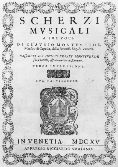 صفحة عنوان مقطوعة موسيقية من تأليف كلاوديو مونتيفيردي (1567-1643) 1615 بواسطة المدرسة الايطالية