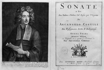 صفحة عنوان Sonate a Tre مع صورة لـ Arcangelo Corelli (1653-1713) بواسطة المدرسة الايطالية