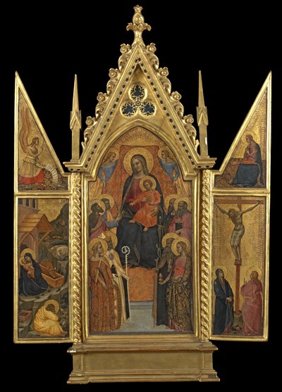 بالثلاثي - العذراء والطفل متوجًا بثمانية قديسين ، حوالي 1330-70 (تمبرا على اللوحة) بواسطة المدرسة الايطالية