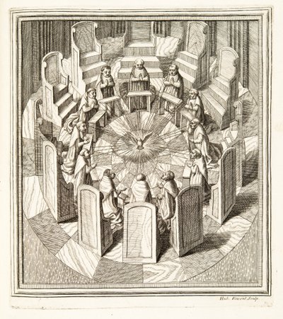 Twelve Judges of the Rota praying in a circular hall surrounding the Holy Spirit, pub. 1717 (engraving) بواسطة المدرسة الايطالية