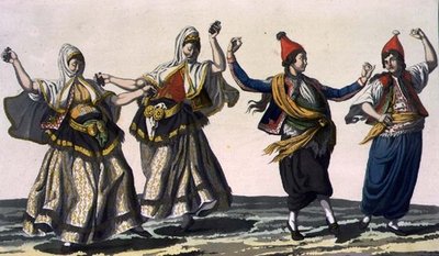 امرأتان وراقصان ، اللوحة 62 من الجزء الثالث ، المجلد الأول من "تاريخ الأمم" ، نقشها في. بواسطة المدرسة الايطالية