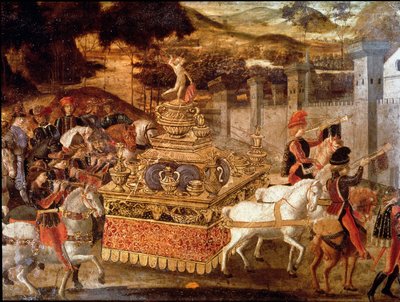 انتصار Lucius Aemilius Paullus أو Paul Emile المقدوني (حوالي 230-160 قبل الميلاد) على Persee ملك مقدونيا تفاصيل المسيرة وعربة النصر. لوحة للمدرسة الفلورنسية في القرن الخامس عشر. باريس ، متحف جاكيمارت أندريه بواسطة المدرسة الايطالية