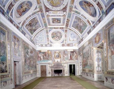 منظر لـ "Sala dei Fasti Farnese" (Hall of the Splendors of the Farnese) من تصميم Onofrio Panvinio ورسمه تاديو (1529-66) و Federico Zuccaro (1540-1609) 1557-83 (في الهواء الطلق) بواسطة المدرسة الايطالية